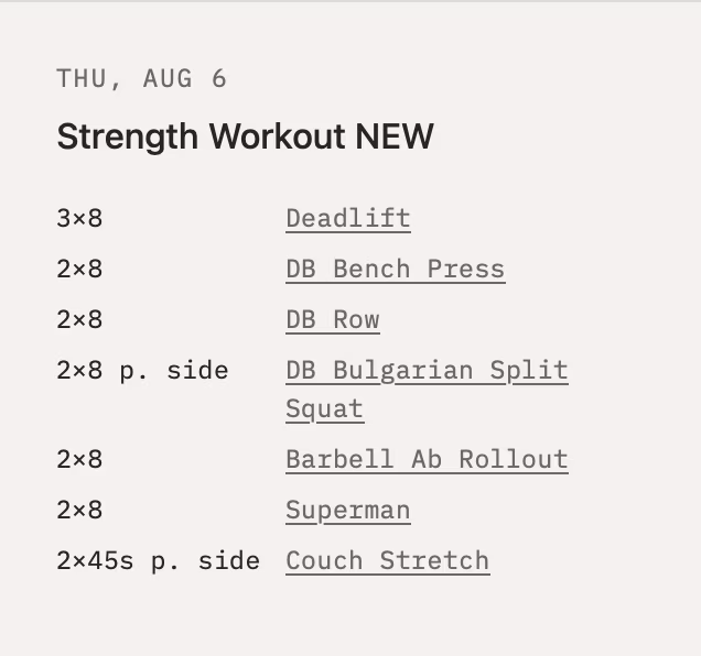 Planned calendar showing a strength workout with linked exercises and prescriptions