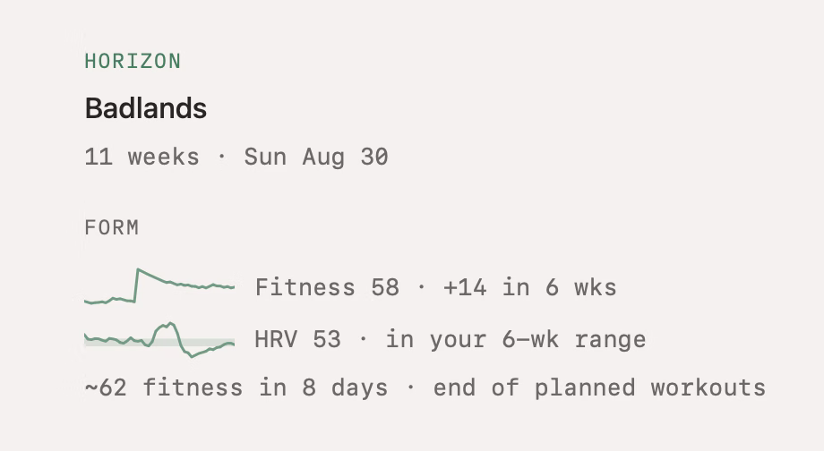 Horizon block showing Badlands countdown, fitness sparkline at 58, HRV sparkline at 53, and plan projection to 62