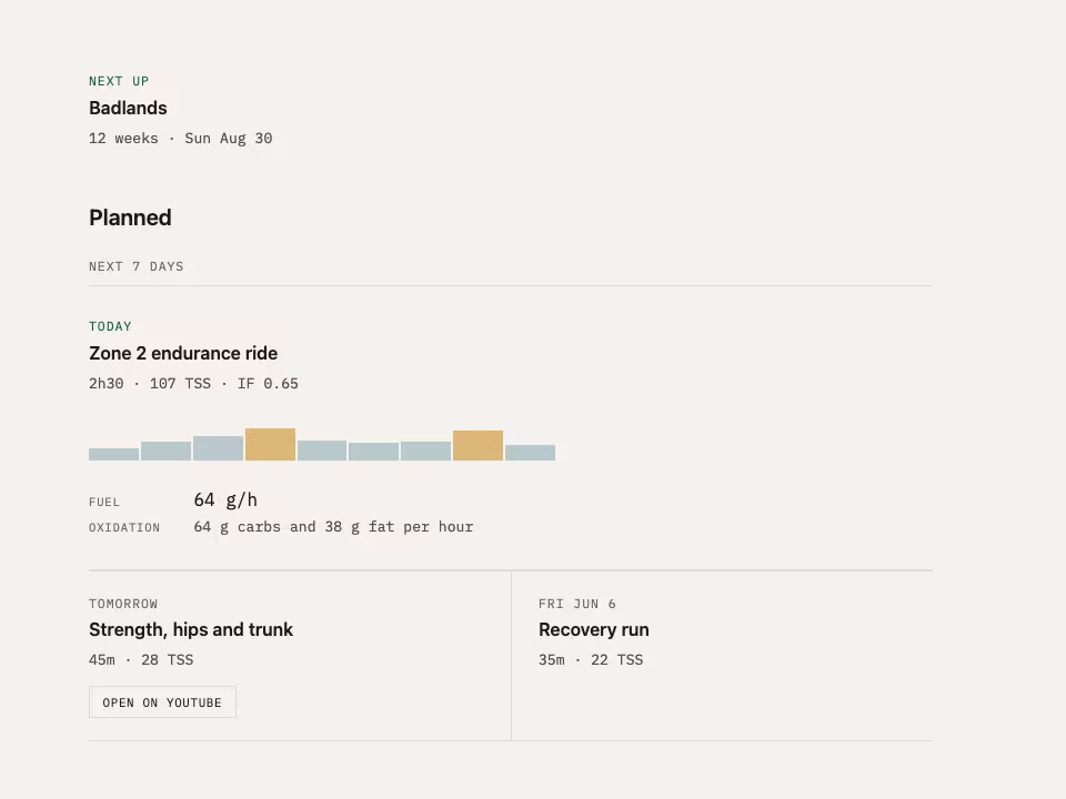 Planned page showing Badlands as the next event above the weekly workout list